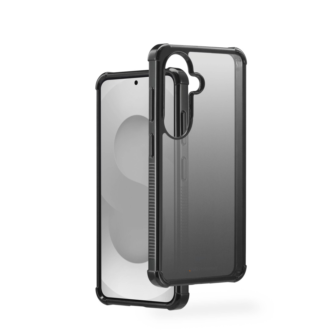 Ein schwarzes, transparentes Handyhülle liegt neben einem Smartphone.