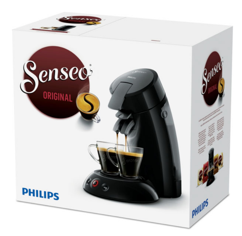 Senseo koffiezetapparaat met twee espressokopjes en Philips logo op de verpakking.