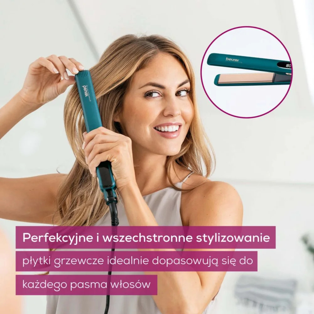 Kobieta stylizująca włosy prostownicą. W ramce zbliżenie urządzenia.