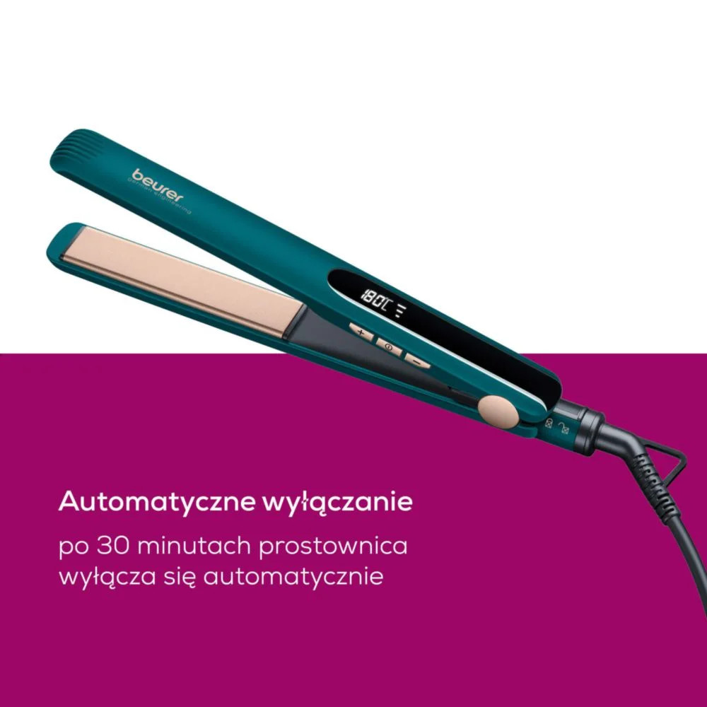 Turkusowa prostownica Beurer z cyfrowym wyświetlaczem pokazującym 180°C.
