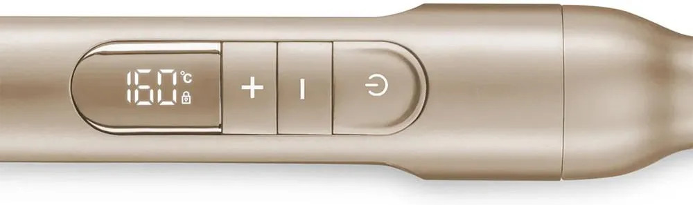 Złota prostownica z cyfrowymi kontrolkami temperatury i zasilania.