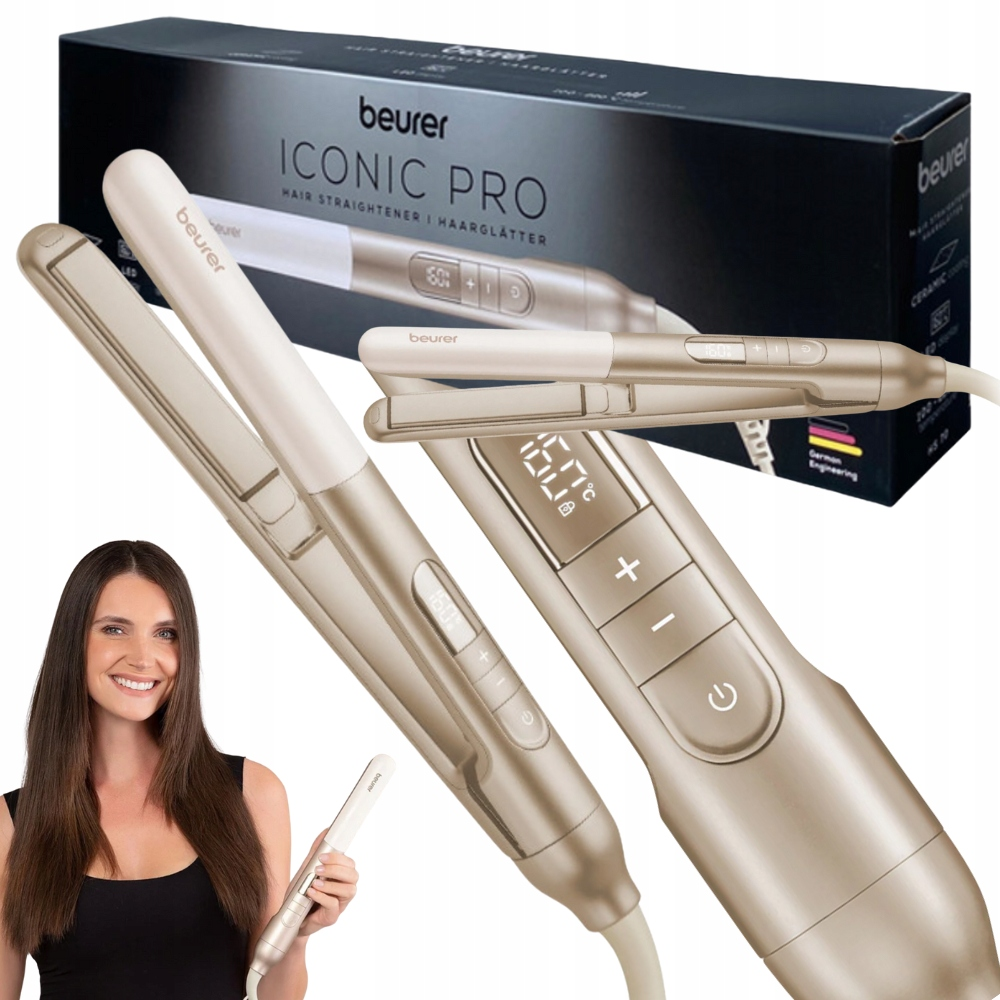 Kobieta uśmiecha się, trzymając złotą prostownicę, z innymi prostownicami i pudełkiem w tle.