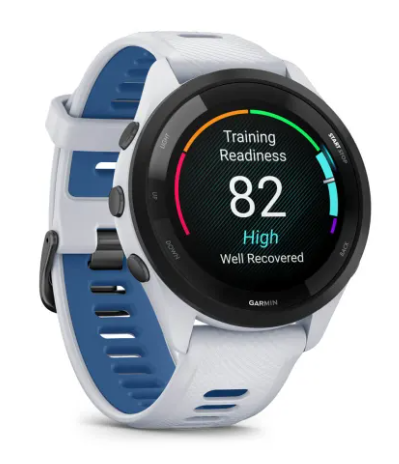 Biały smartwatch Garmin z niebieskim paskiem, pokazuje gotowość treningową 82.