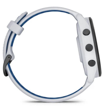 Biały zegarek sportowy z niebieskimi akcentami i trzema czarnymi przyciskami.