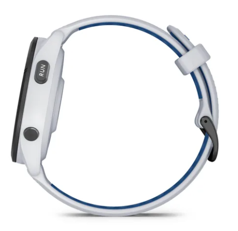 Biały smartwatch z niebieskim paskiem i przyciskiem 'RUN'.