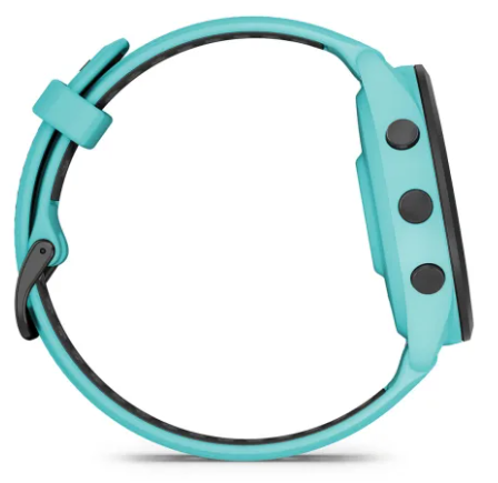 Turkusowy smartwatch z czarnymi przyciskami i paskiem, widok z boku.