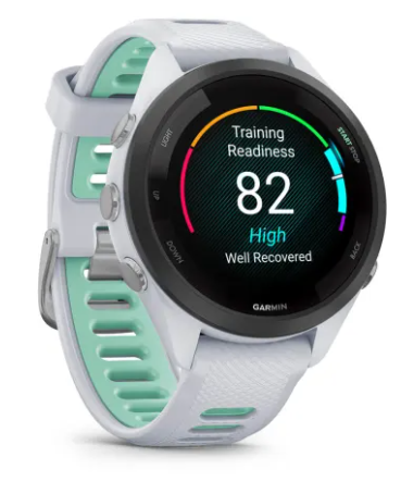 Biały smartwatch Garmin z miętowym paskiem pokazuje 82 gotowości treningowej.