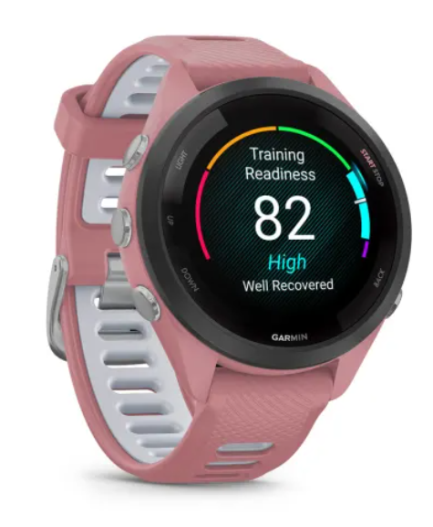 Różowy smartwatch Garmin pokazuje 'Gotowość treningowa: 82'.