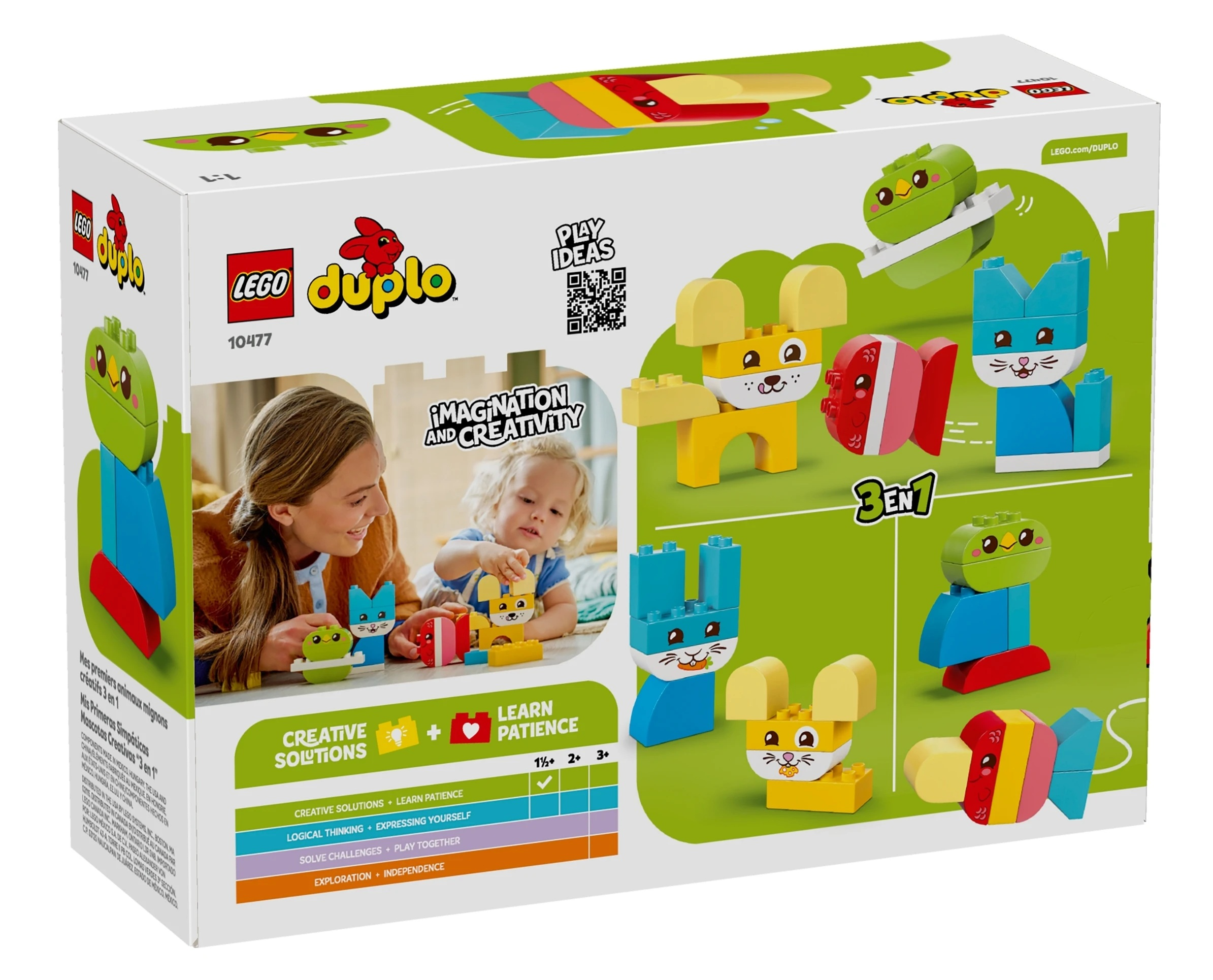 Pudełko LEGO Duplo z kolorowymi figurkami zwierząt i bawiącymi się dziećmi.