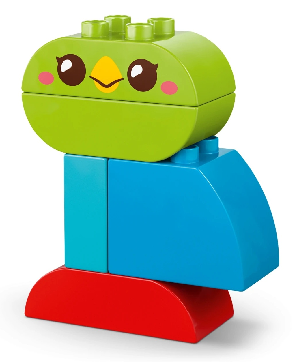 Zielony ptak Lego na niebieskich i czerwonych klockach.