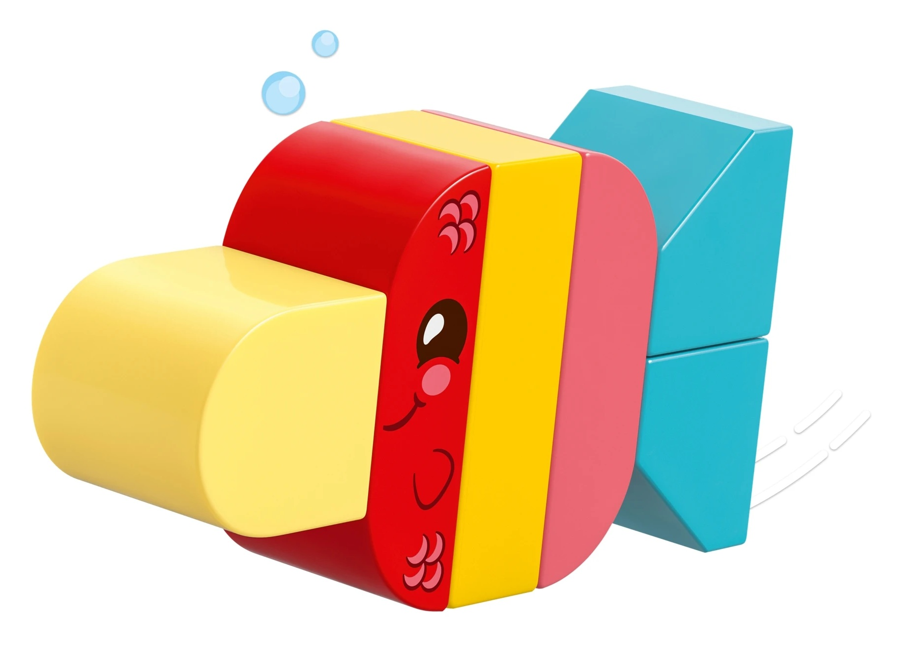 Kolorowa rybka-zabawka z żółtą paszczą, czerwonym korpusem i niebieską płetwą.