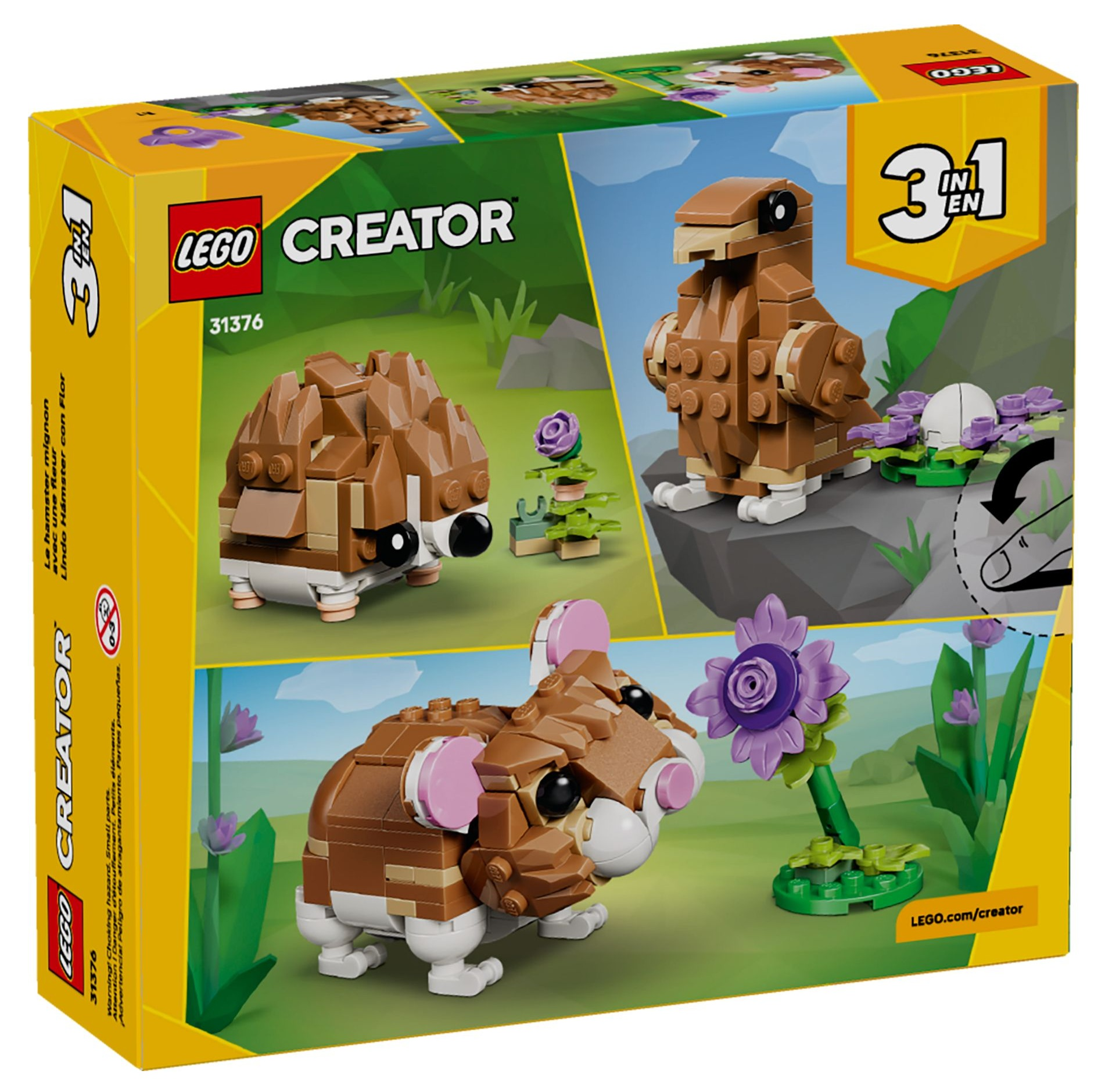 Pudełko Lego Creator z uroczymi modelami chomika i ptaka z fioletowymi kwiatami.