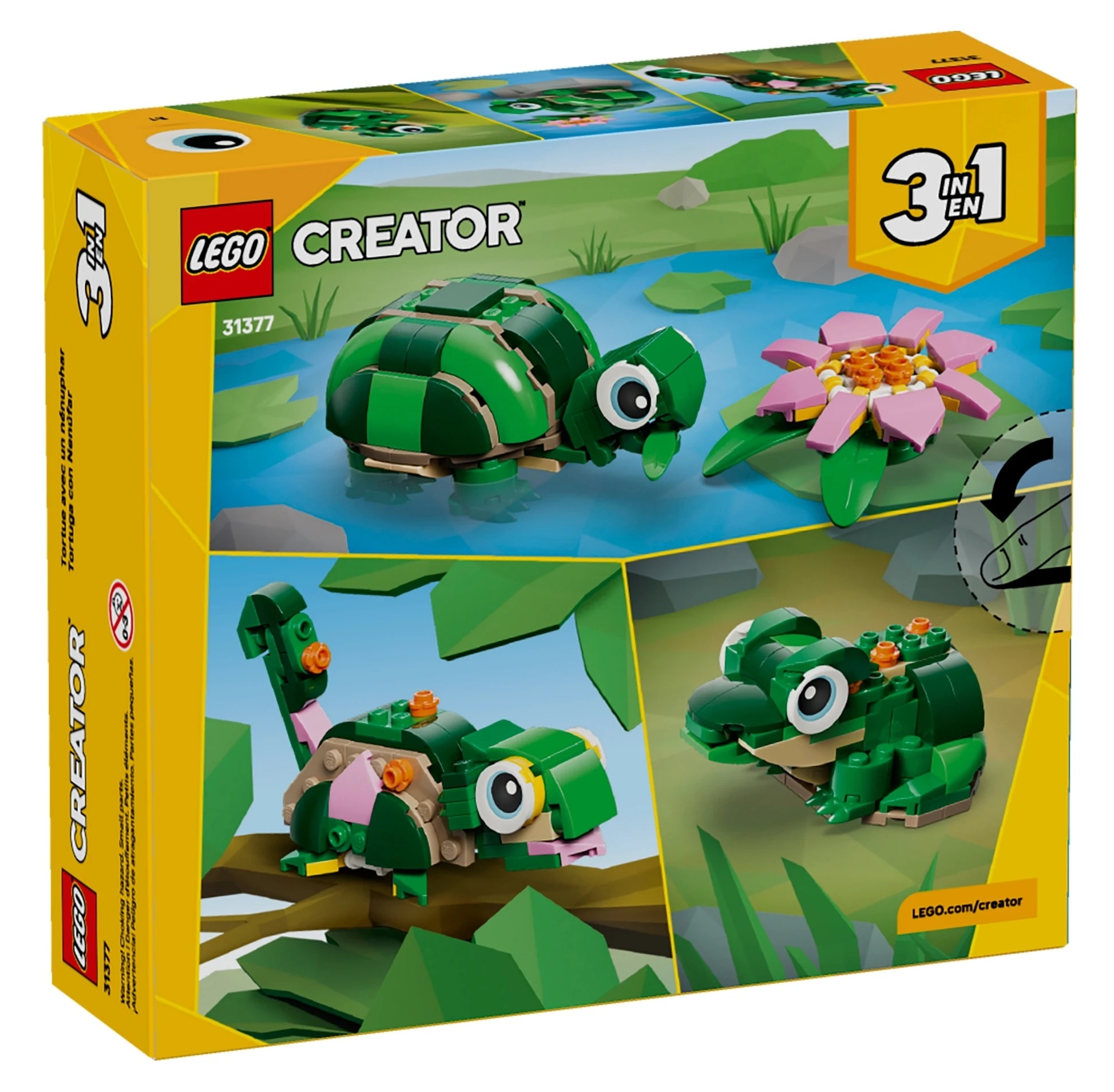 Pudełko LEGO Creator pokazuje zbudowane z klocków żółwia, kwiat i żabę.