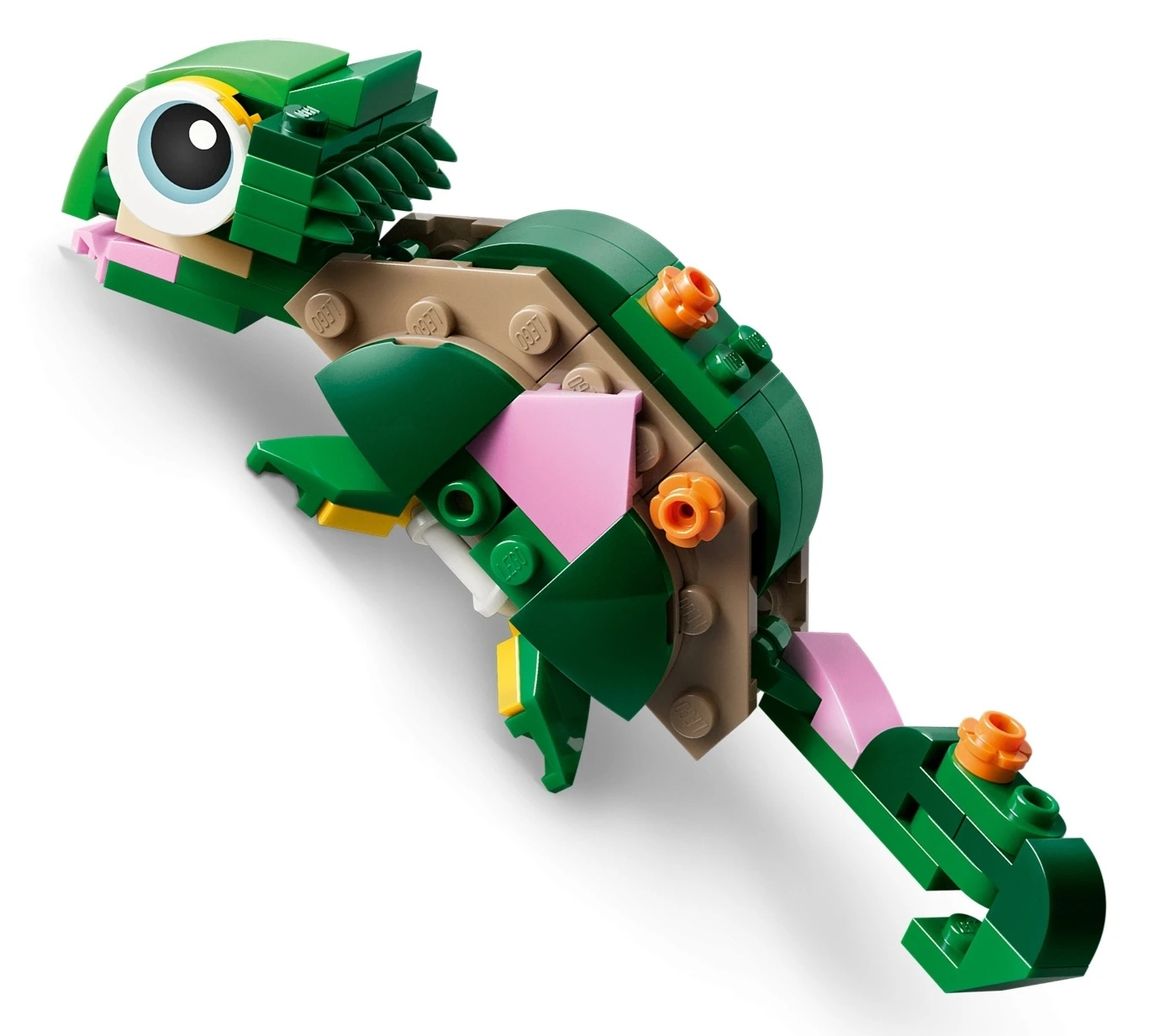 Zielony kameleon z klocków Lego z różowymi akcentami i pomarańczowymi kwiatkami.