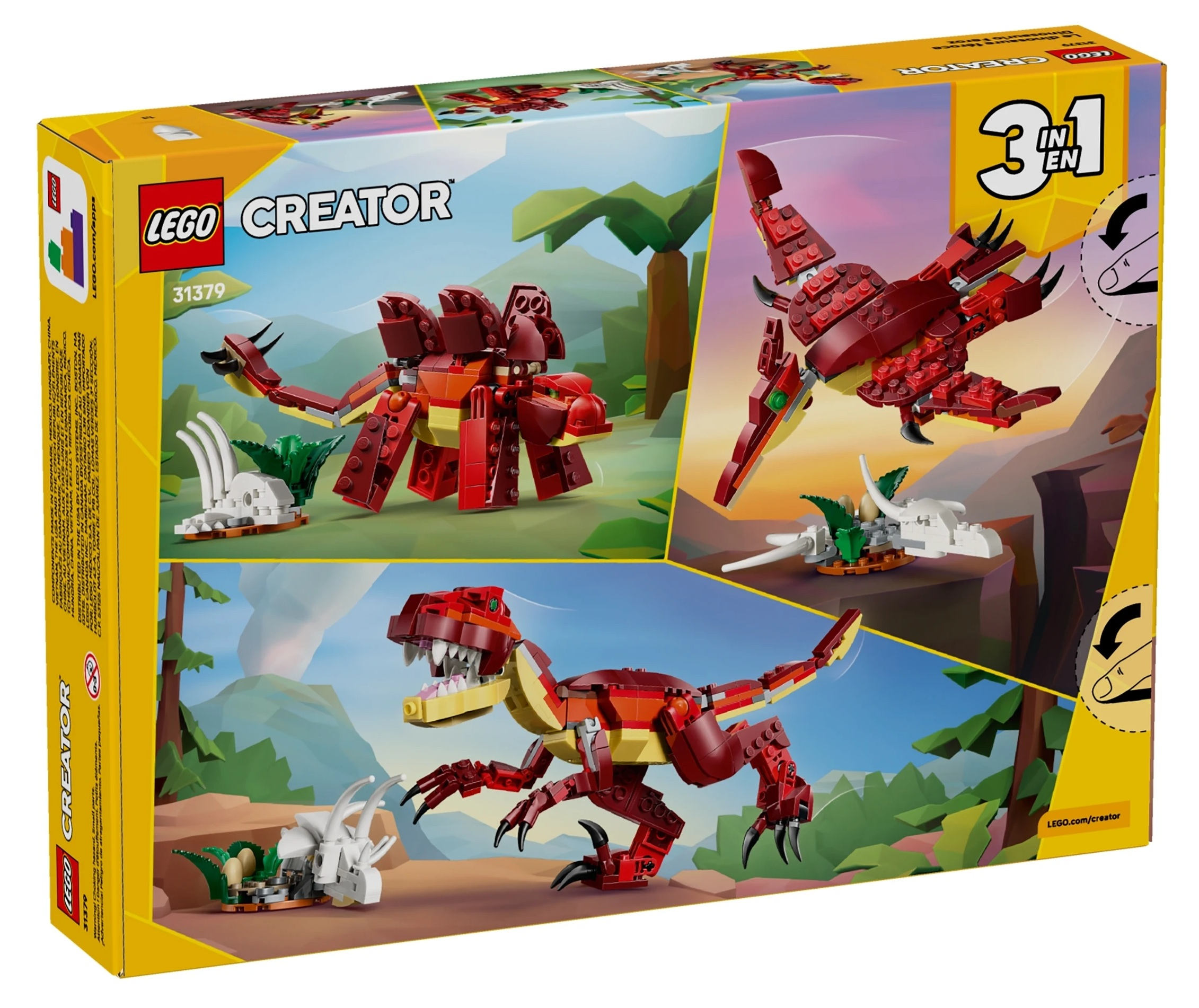 Pudełko LEGO Creator pokazuje trzy modele dinozaurów w różnych środowiskach.