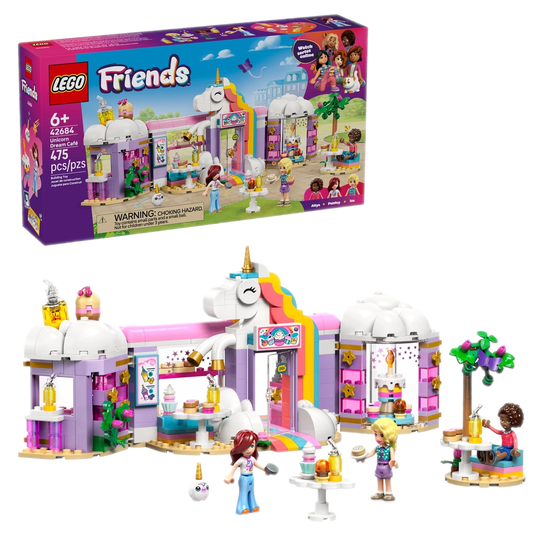 Lego Friends Kawiarnia Marzeń Jednorożca z figurkami, stołami, krzesłami.