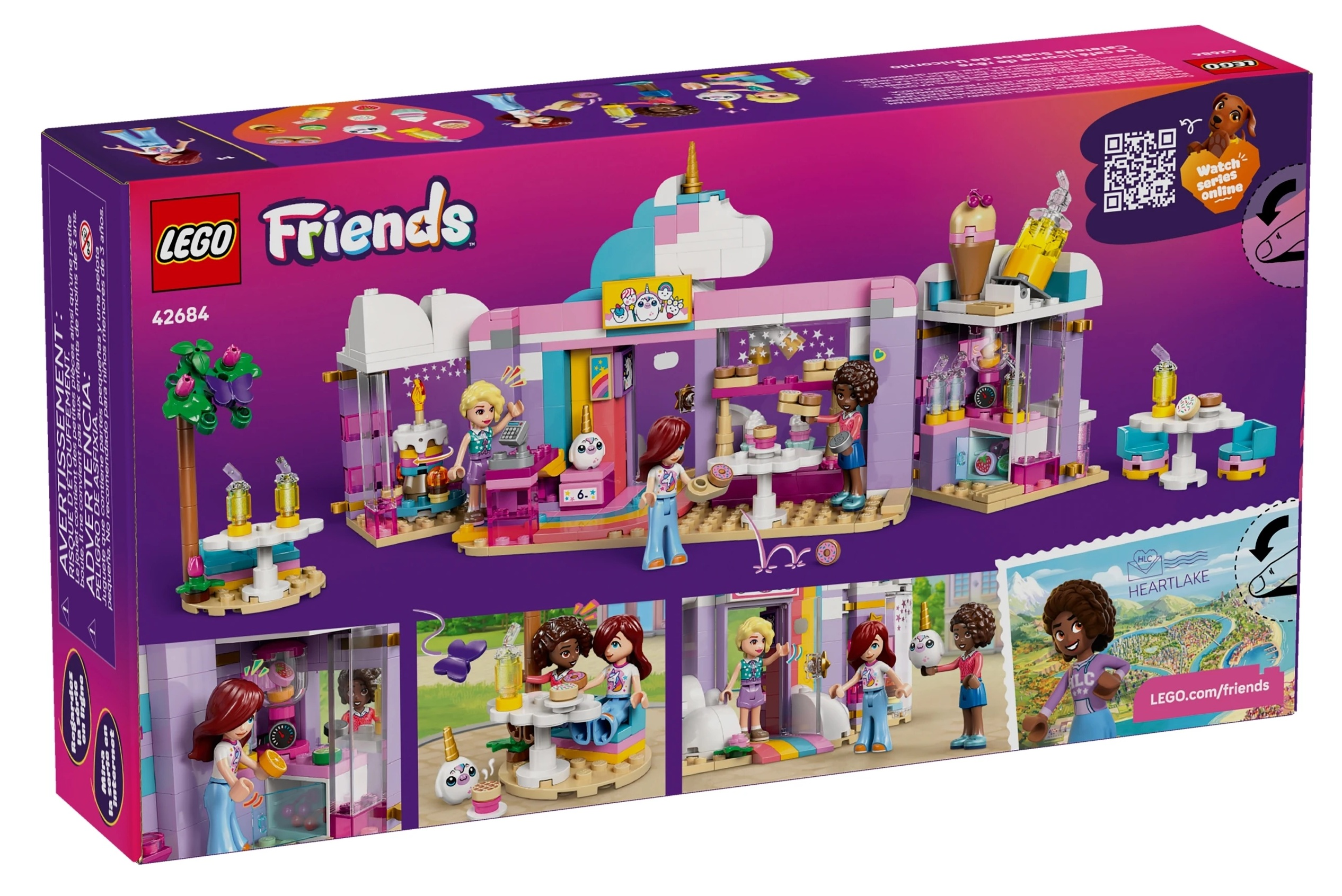 Zestaw Lego Friends z kawiarnią, postaciami i akcesoriami na fioletowym pudełku.