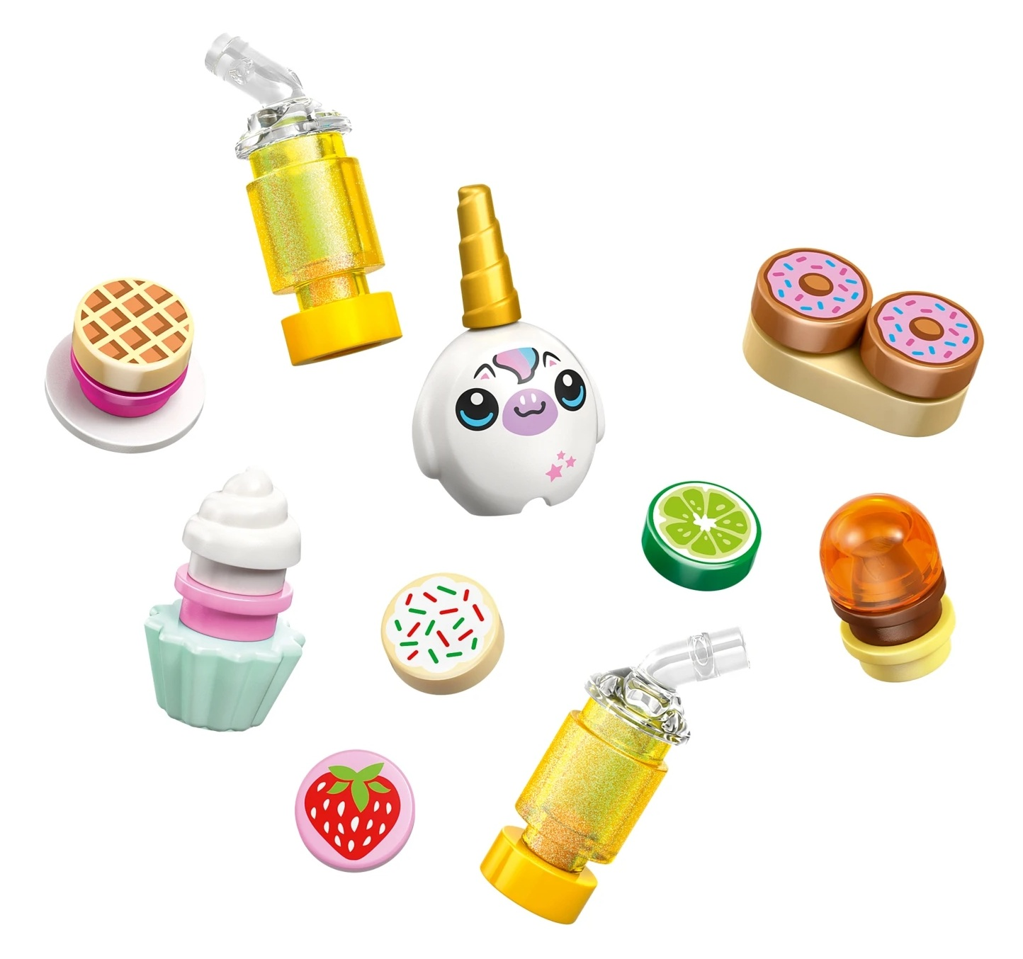 Kolorowe smakołyki Lego: jednorożec, babeczki, pączki, gofr, limonka, truskawka.