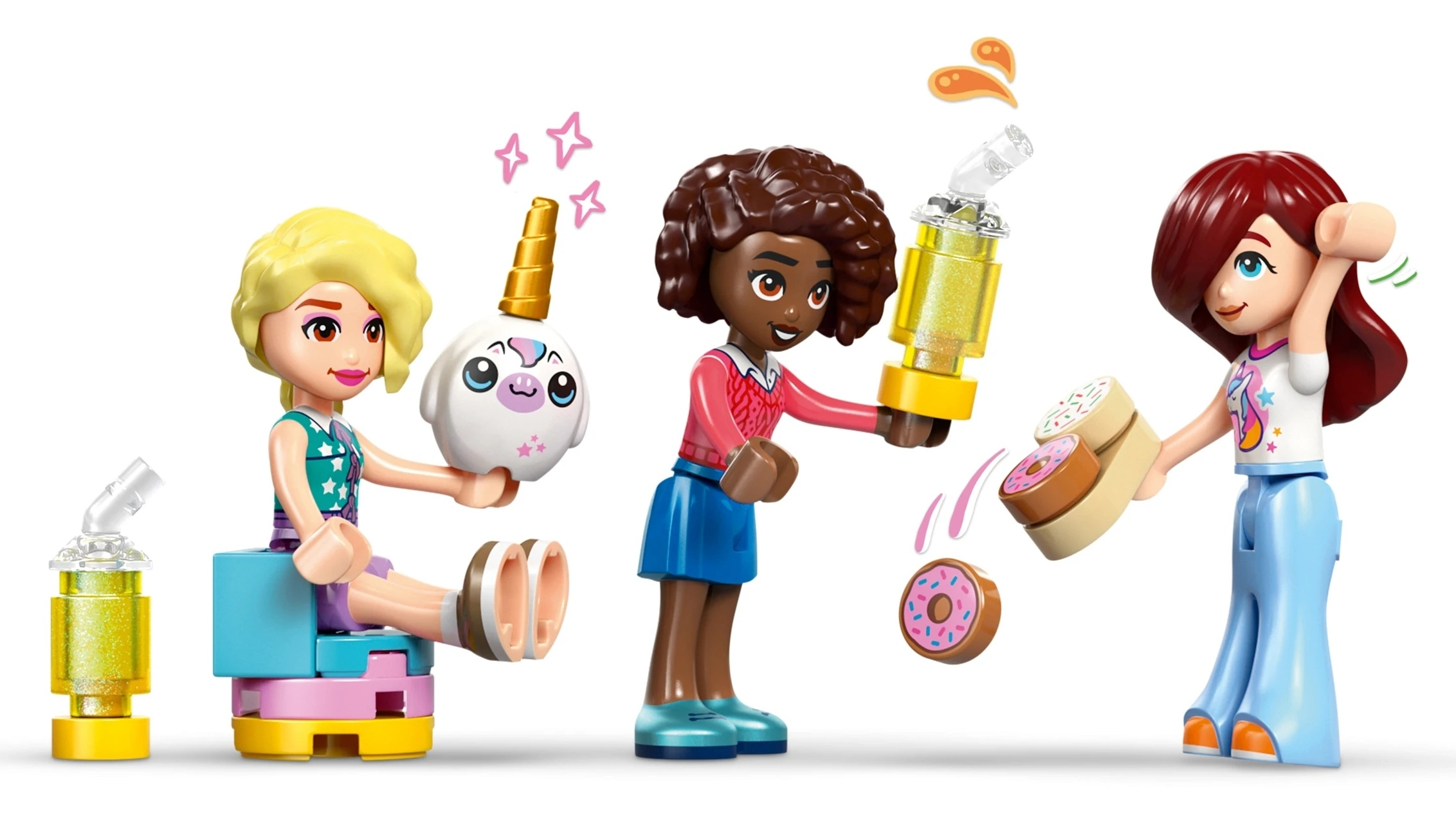 Trzy postacie bawią się pączkami i brokatowymi butelkami.