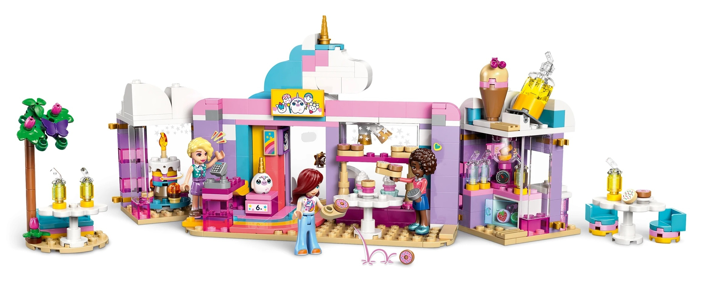 Kolorowa scena cukierni Lego z postaciami, ciastkami i lodami.