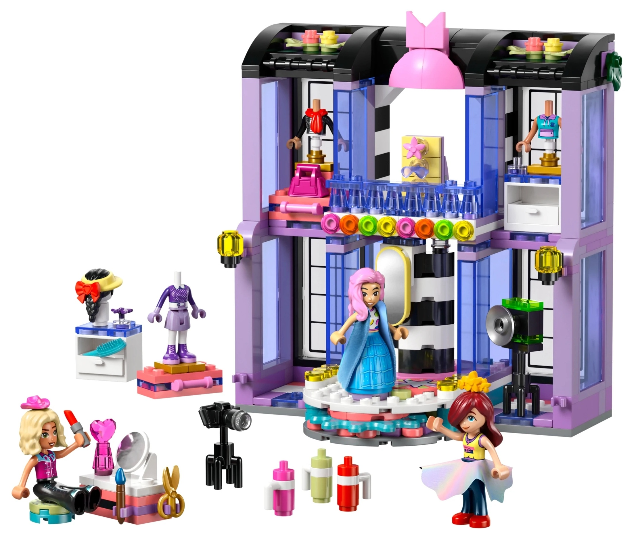 Sklep z zabawkami Lego Friends z figurkami, makijażem i ubraniami.