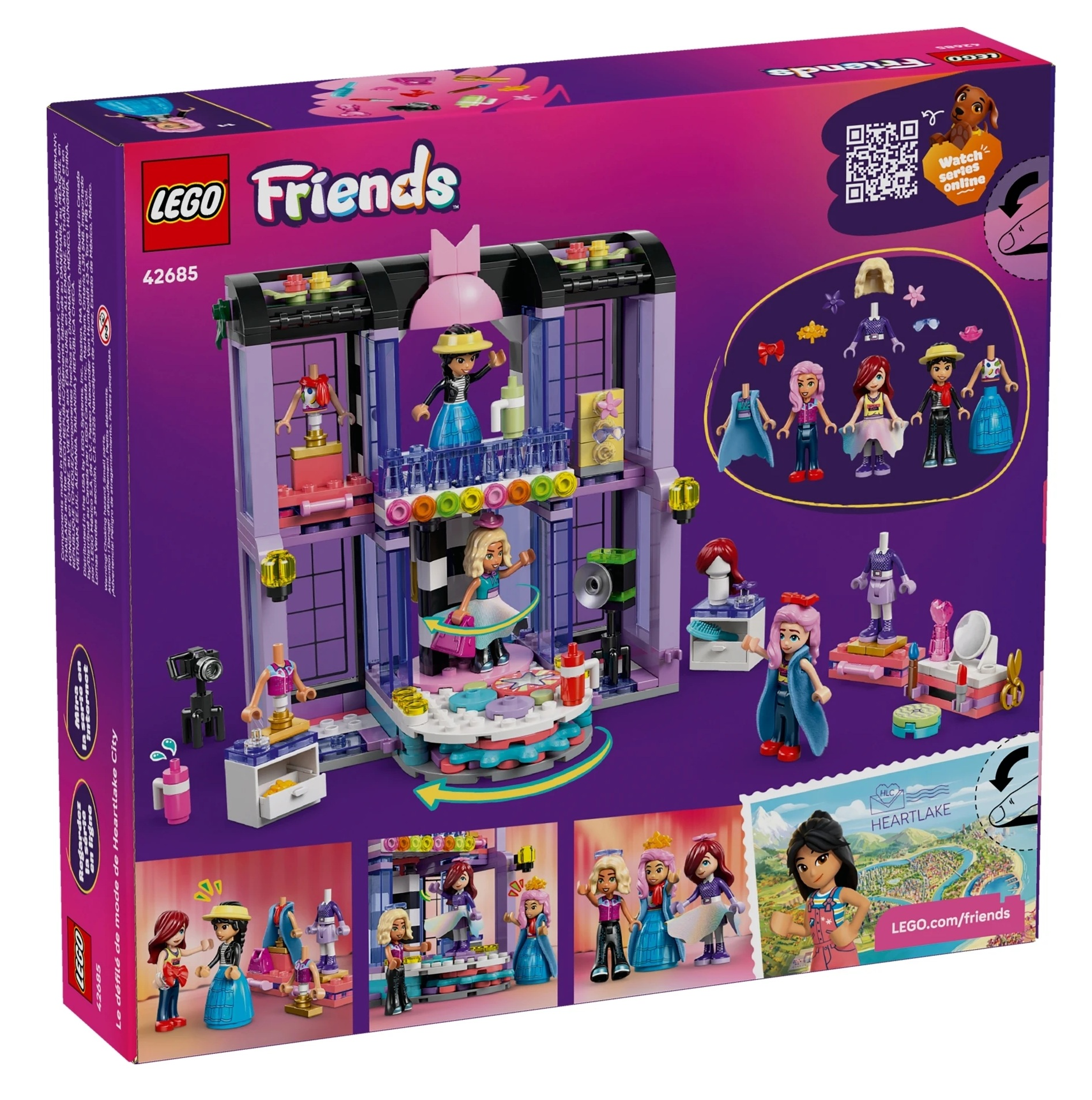 Pudełko z zabawkami Lego Friends, modele, akcesoria i scena pokazu mody.