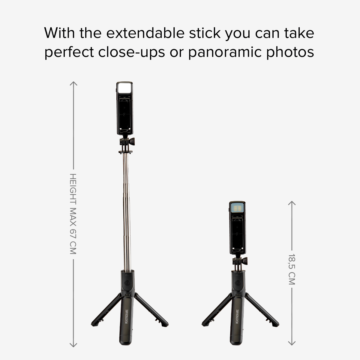 Zwei schwarze Selfie-Sticks mit Stativ, einer ausgefahren (67 cm), einer eingefahren (18,5 cm).