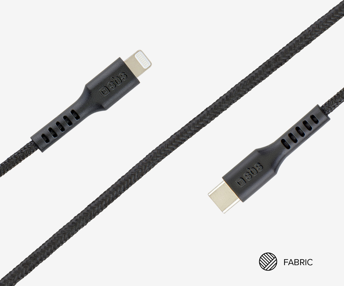 Schwarzes USB-C zu Lightning Ladekabel mit Stoffummantelung.