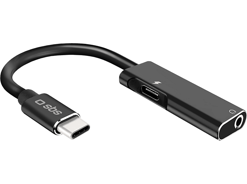 SBS 24161 USB-C-Stecker auf Klinkenbuchse 3.5 mm mit USB-C-Ladeanschluss, Schwarz; Adapter