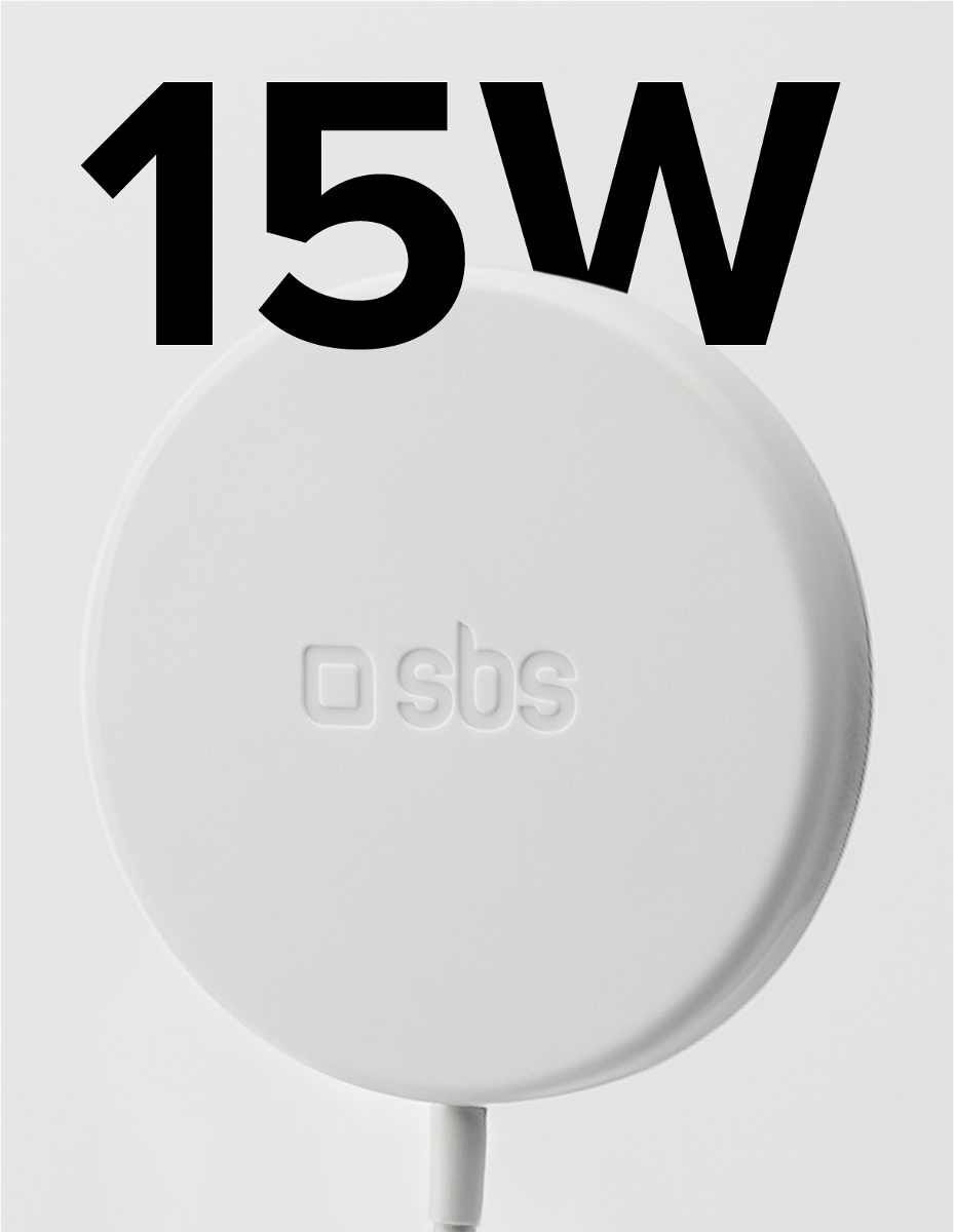 Ein weißes Ladegerät mit der Aufschrift 15W und SBS.
