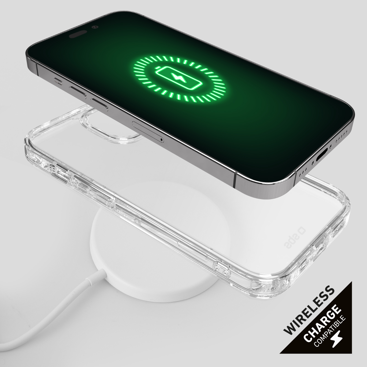 Ein Smartphone lädt kabellos auf einer weißen Ladestation. Eine transparente Hülle liegt darunter.