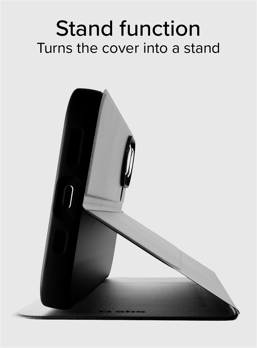 Ein schwarzes Smartphone ist in einer grauen Hülle, die als Ständer dient.