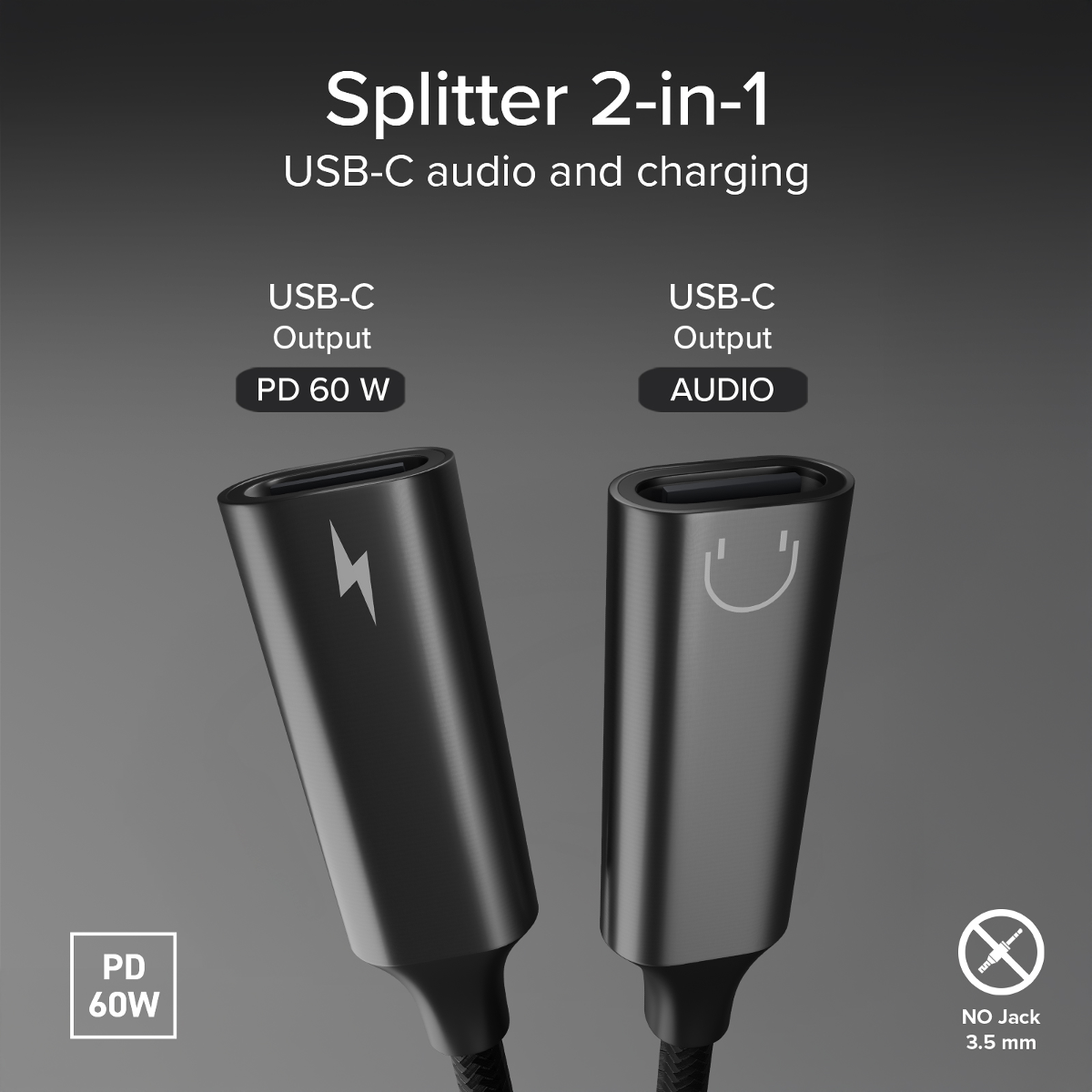 Zwei USB-C-Splitter: einer für PD 60W-Ladung, der andere für Audio.