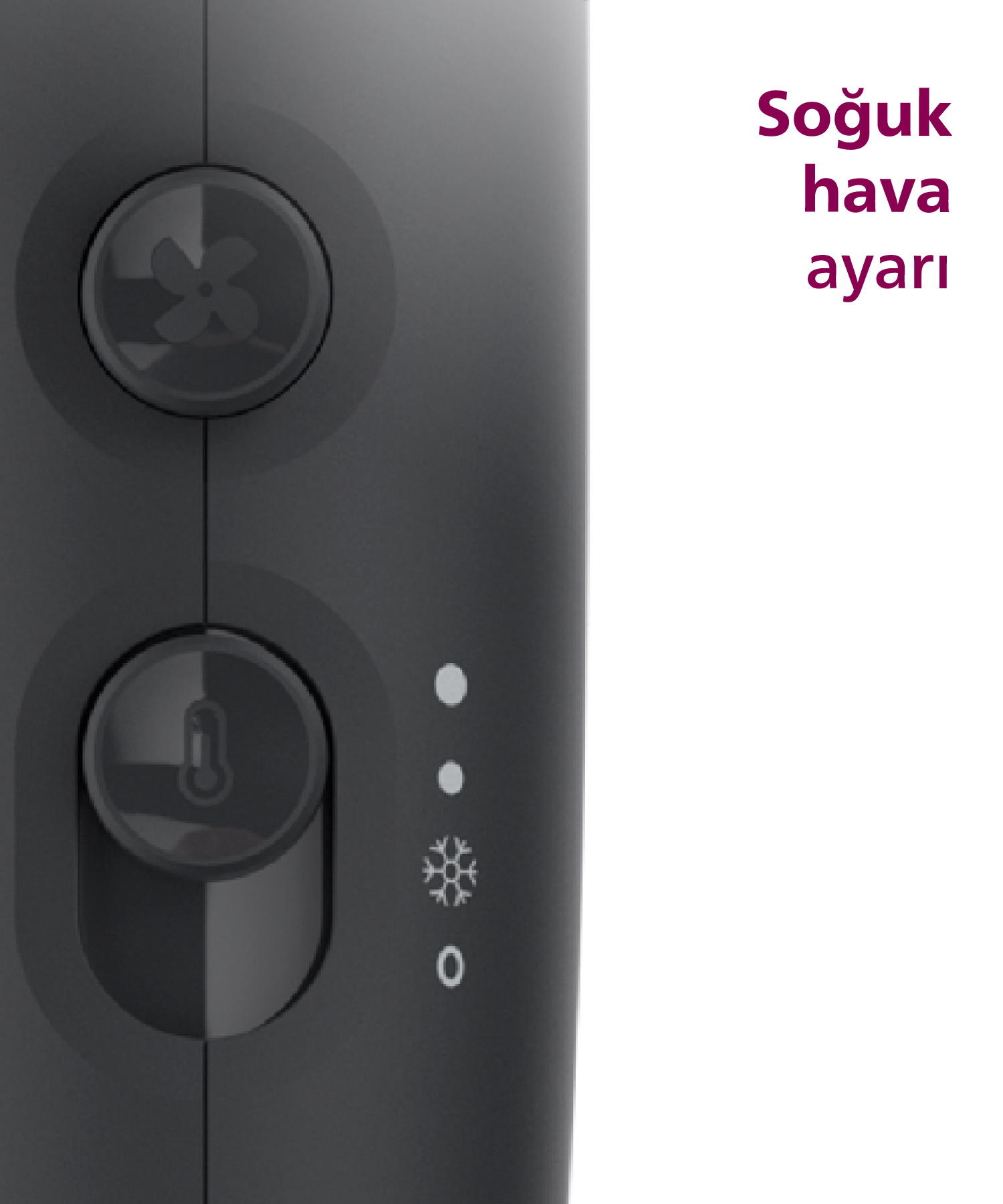 Fan ve termometre simgeli siyah cihazın yakın çekimi. Soğuk hava ayarı.