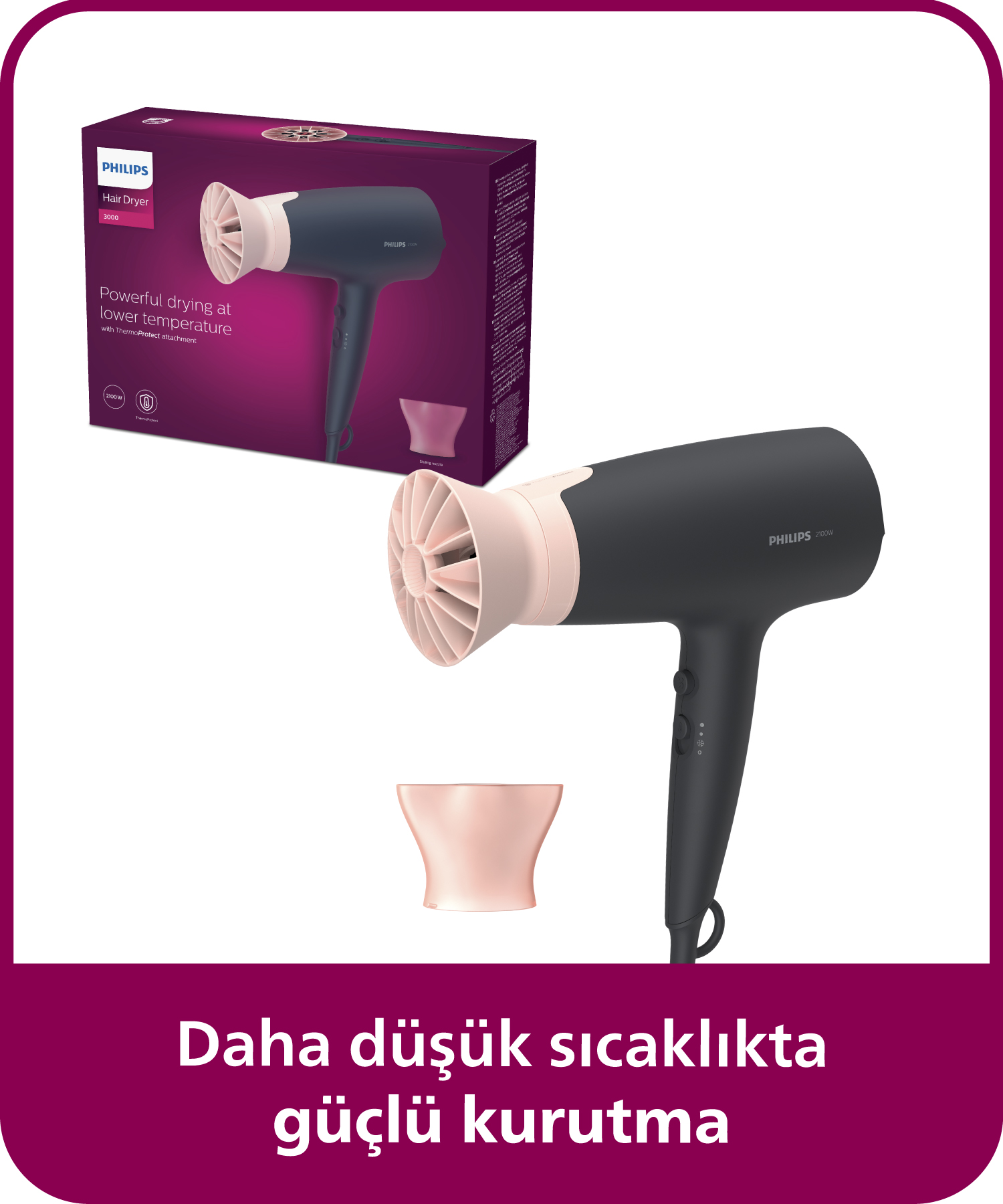 Koyu gri Philips saç kurutma makinesi, pembe aksanlı ve başlığı var.