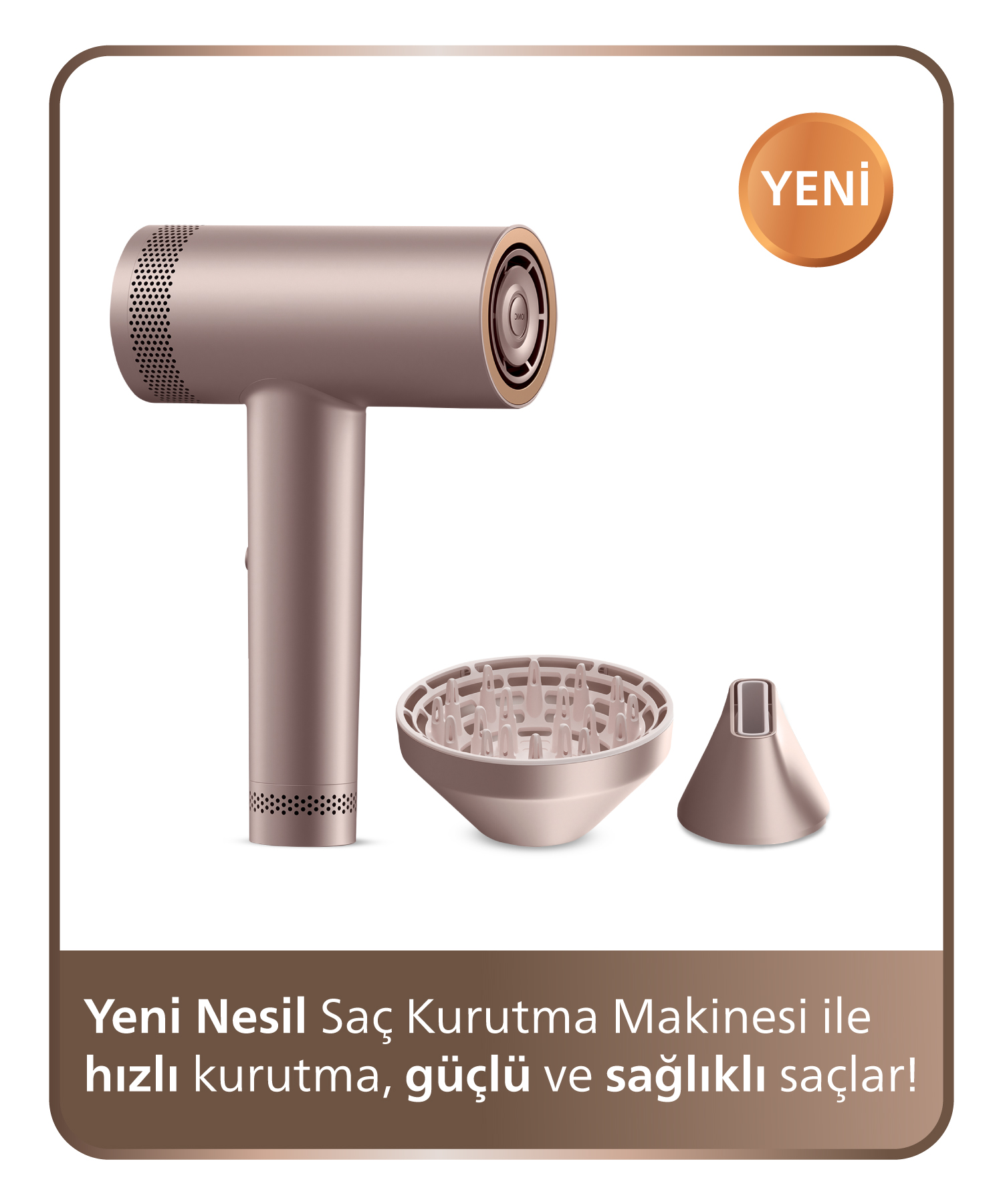 Aksesuarli bir saç kurutma makinesi: difüzör ve başlık. "Yeni" etiketi.
