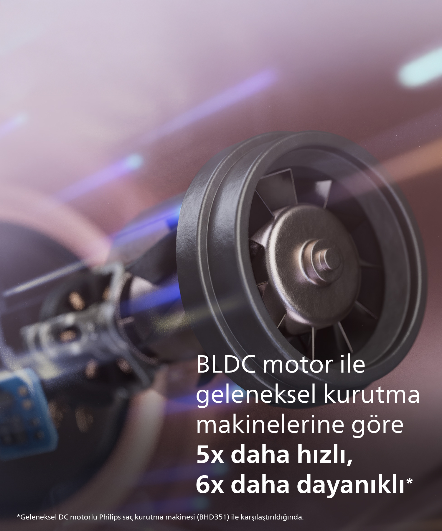 BLDC motor fanının yakın çekimi, metinli.