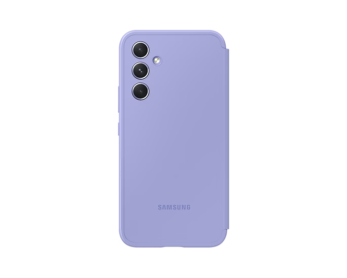 Üç kamera lensi ve flaşa sahip mor Samsung telefonun arkası.