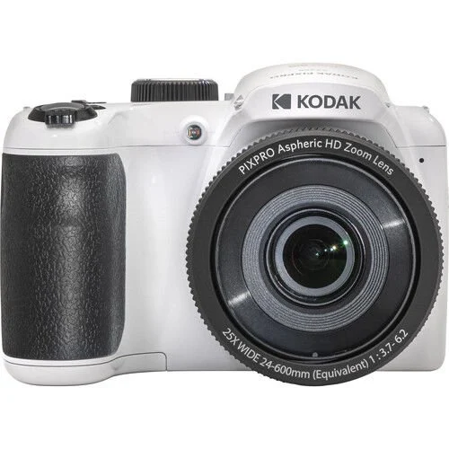 Siyah tutma yeri ve lensi olan beyaz bir Kodak dijital kamera.