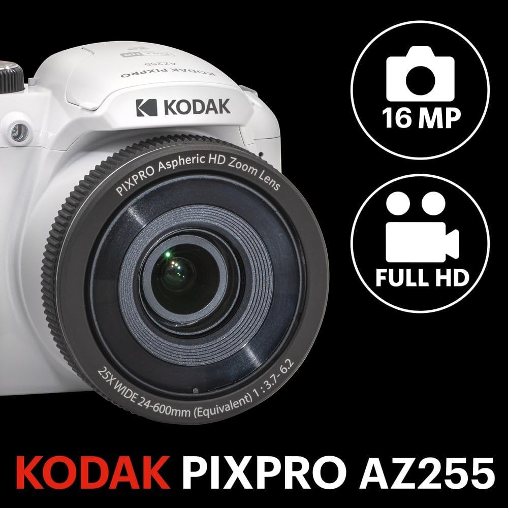16MP ve Full HD özellikli beyaz Kodak Pixpro AZ255 kamera. 24-600mm zoom lens.