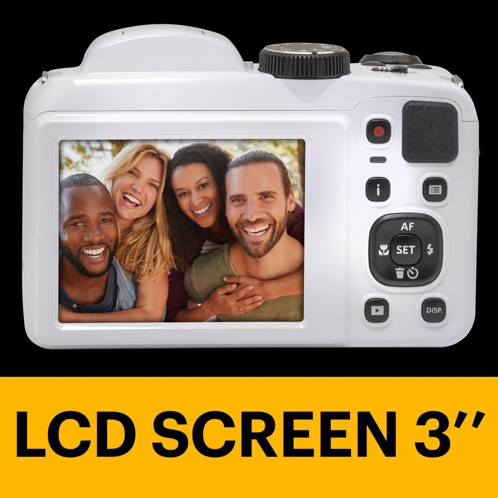 Dört gülümseyen arkadaşı gösteren LCD ekrana sahip beyaz kamera.