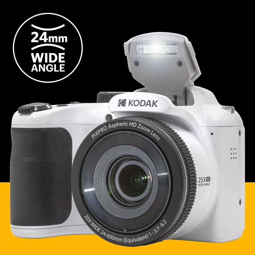 24mm geniş açılı lensli ve açılır kapanır flaşlı beyaz Kodak dijital kamera.