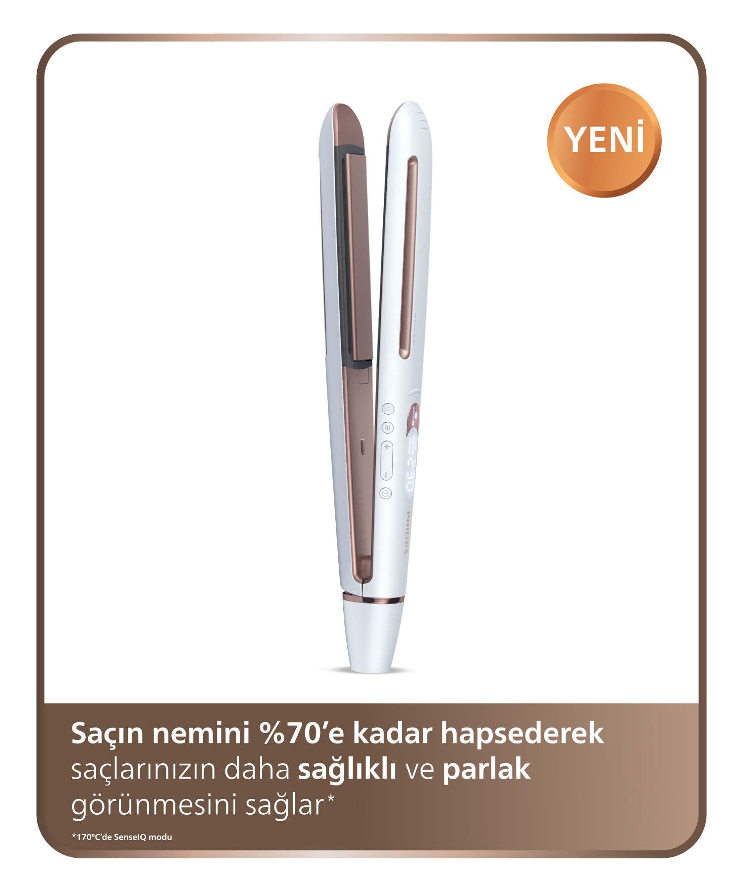 LCD ekranlı, 'Yeni' etiketli beyaz ve rose gold saç düzleştirici.