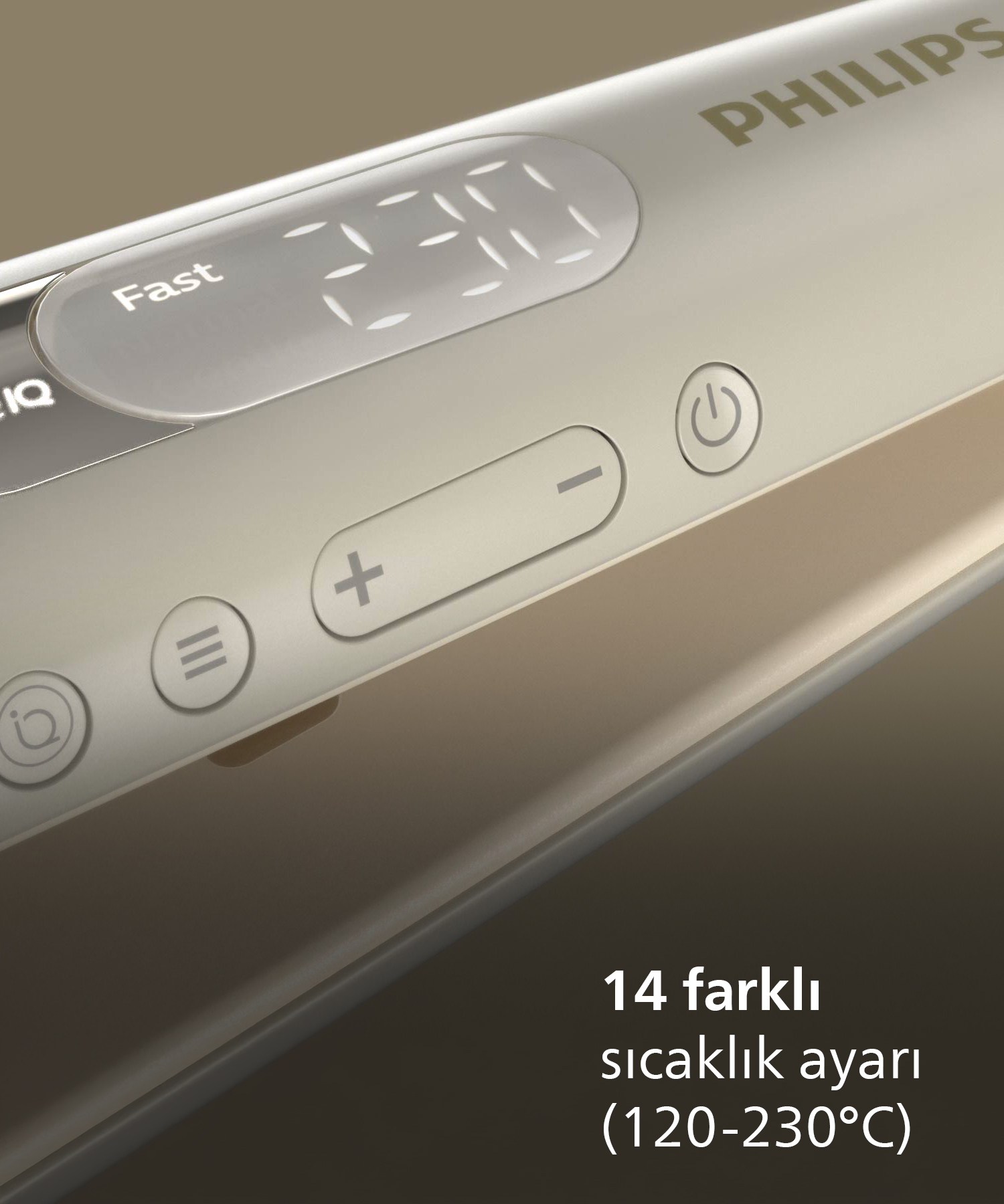 Philips düzleştirici, 230°C dijital ekran, artı ve eksi düğmeleri.