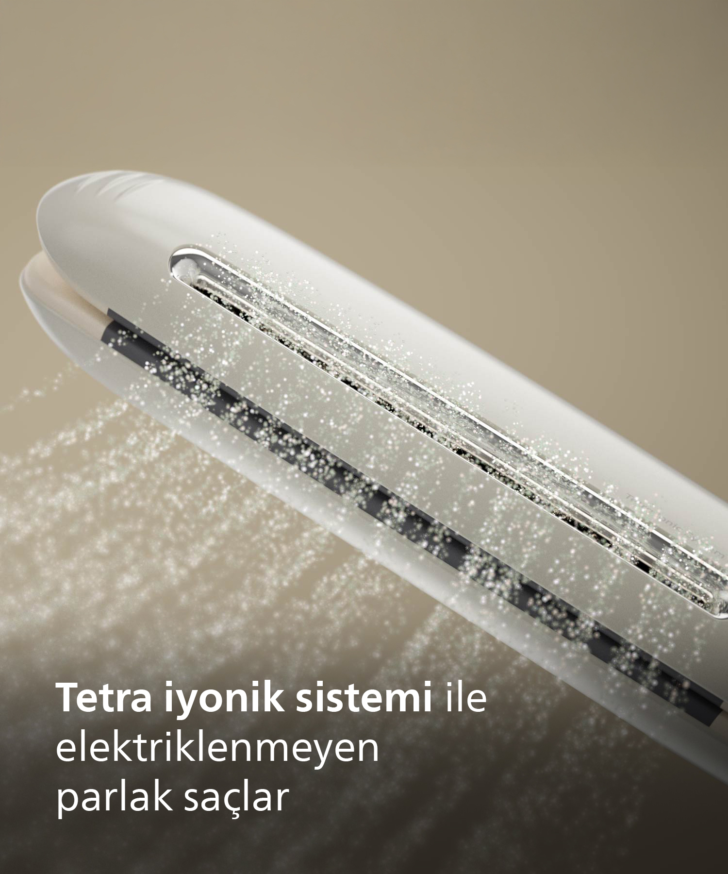 Beyaz saç düzleştirici, nem için ince beyaz partiküller yayar.