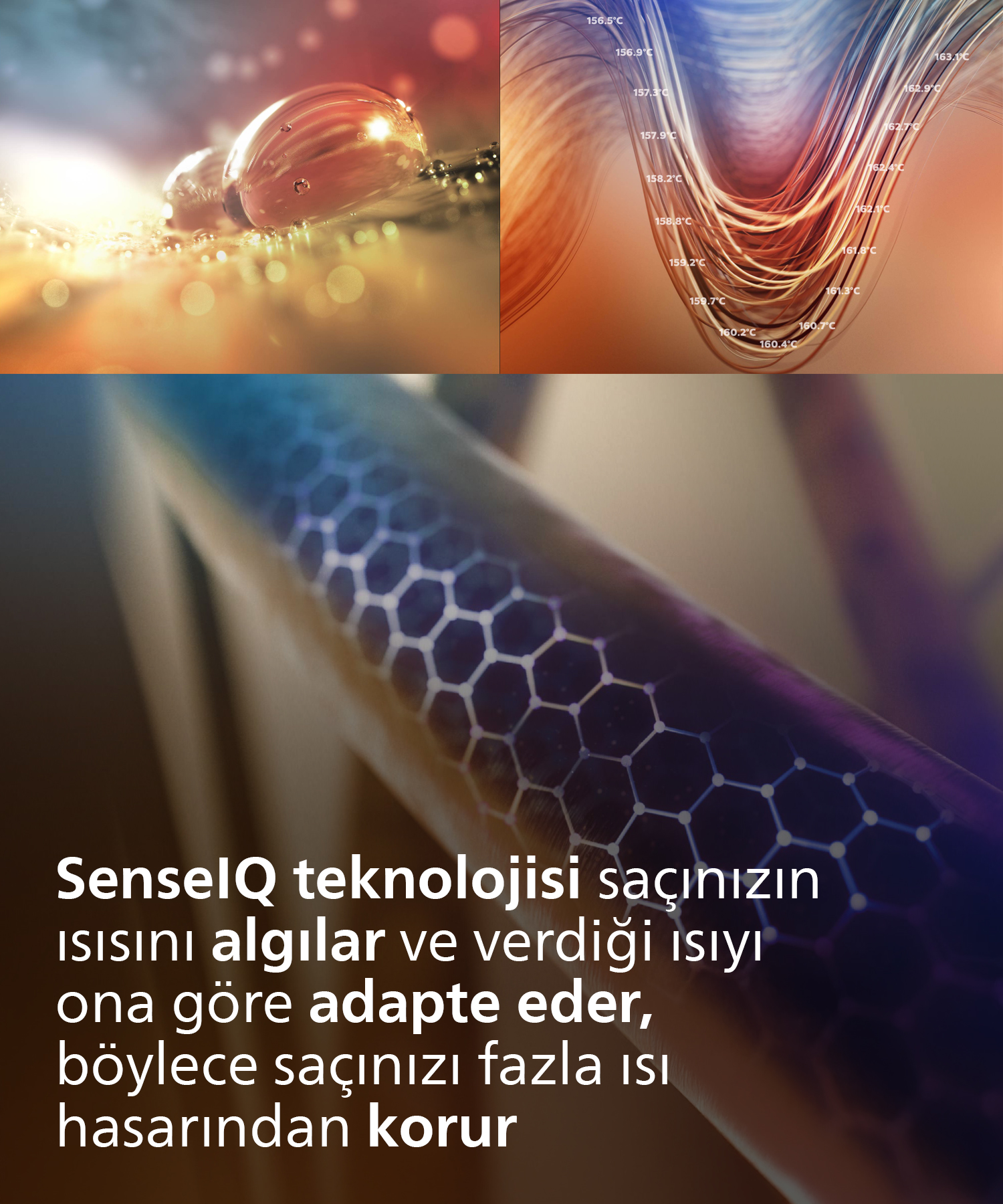 Bir yüzeyde damlalar, yakın çekim ve sıcaklık değerlerini gösteren grafik.