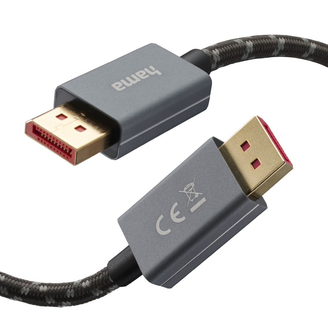 Altın konektörlü gri Hama DisplayPort kablosu.