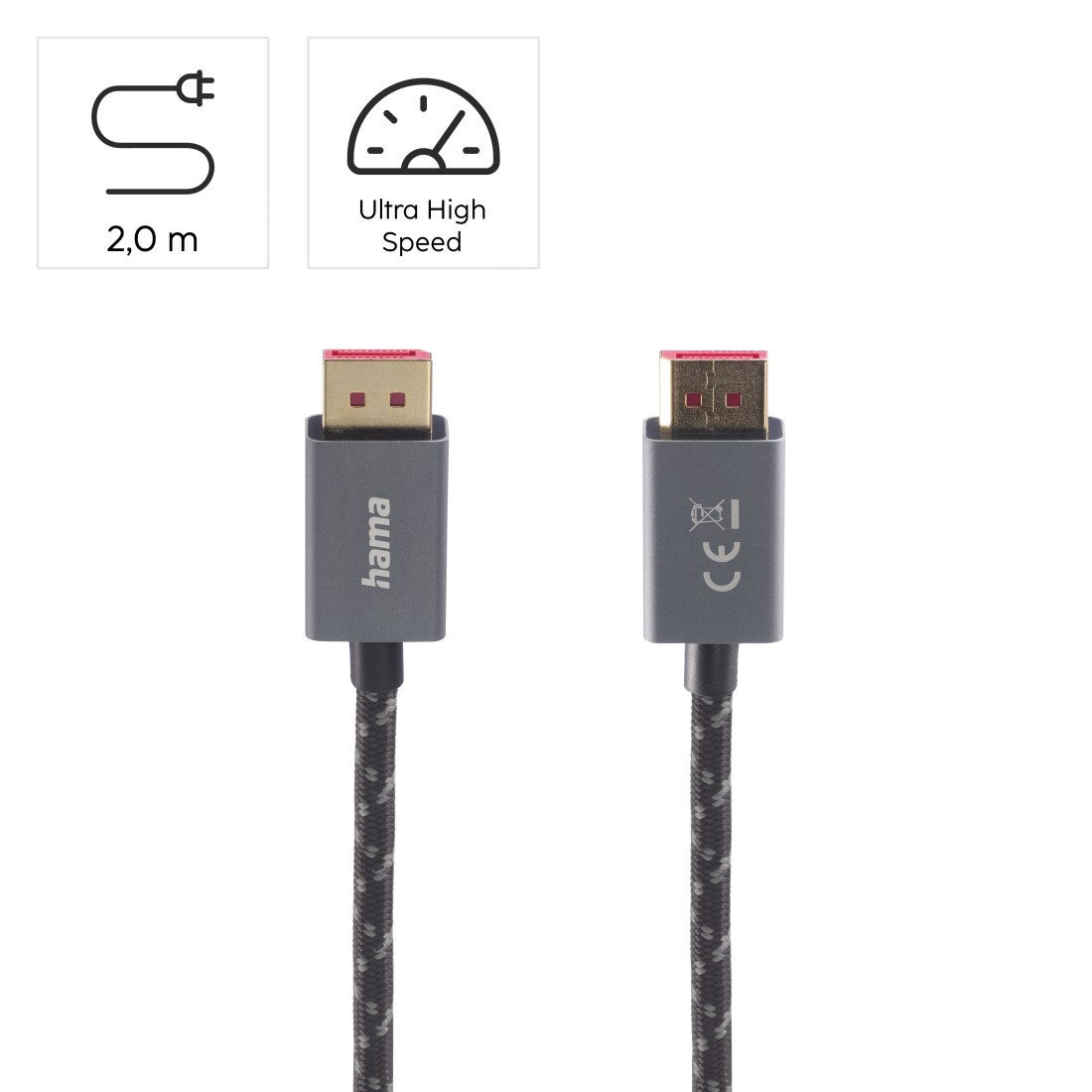 Kırmızı uçlu konnektörlü iki HDMI kablosu, biri Hama logolu.