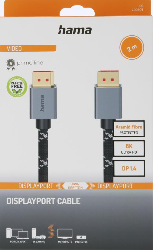 Hama DisplayPort Kablo 2m, 8K, Aramid Elyaf, DP 1.4
