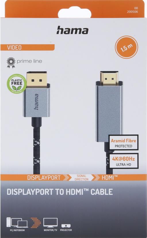 Hama DisplayPort - HDMI kablosu, 1,5m, 4K@60Hz, Aramid Fiber.